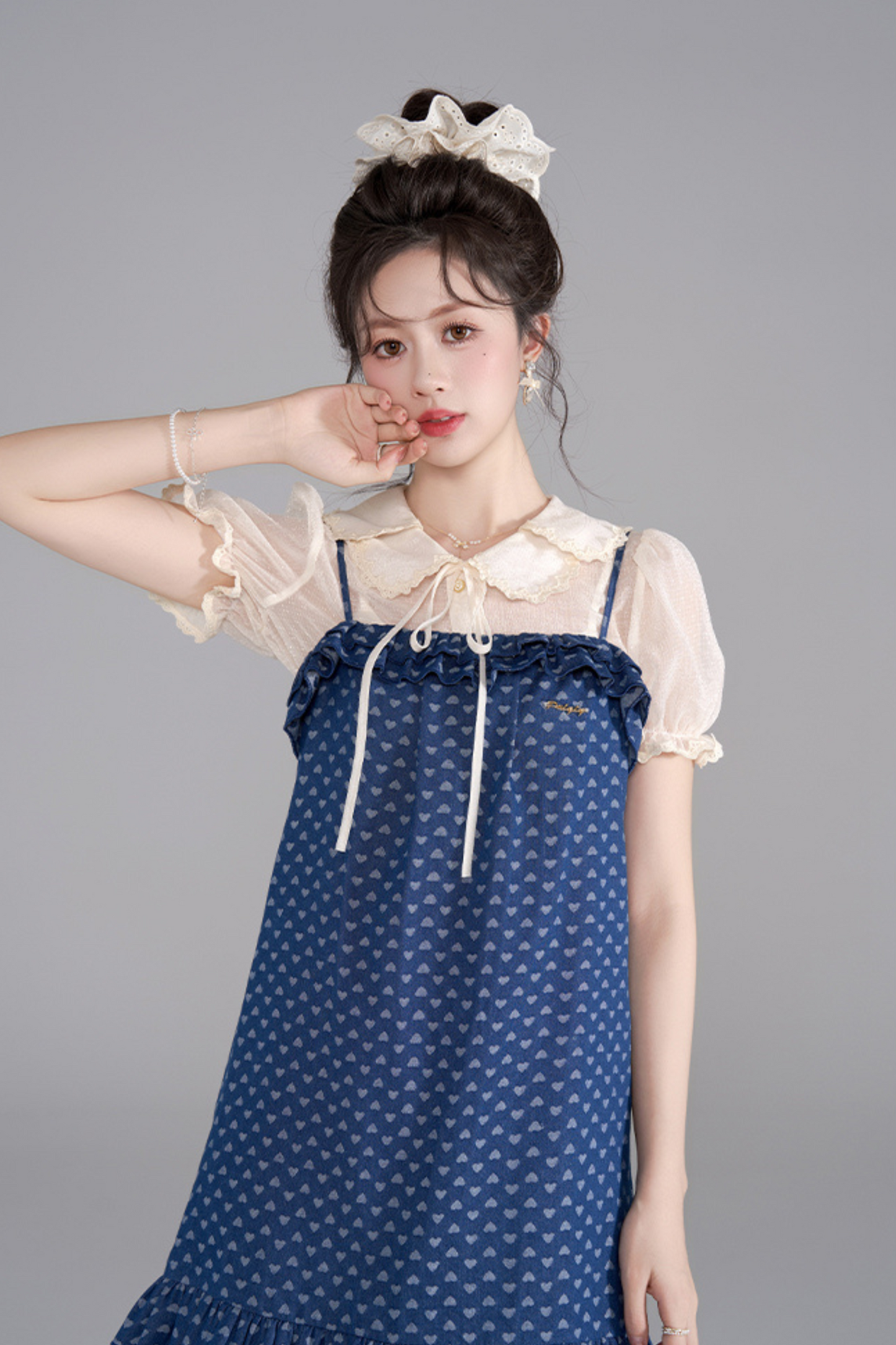 Polka Dot Ruffle Denim Dress + Shirt