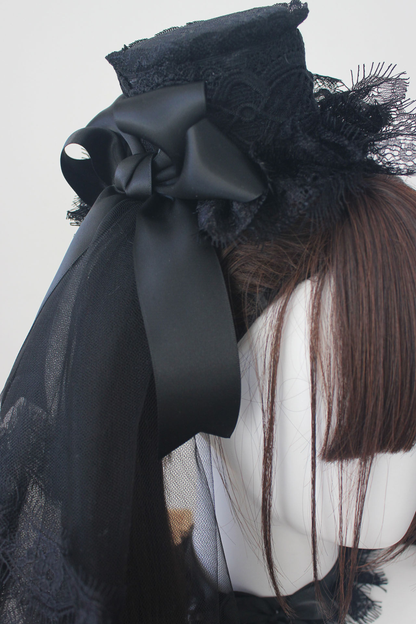 ダークレースゴシックハット+ベール+ヘアバンド+チョーカー+スリーブ