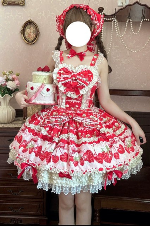 ストロベリーロリータジャンパースカート+ラビットヘアスカーフ+ビッグリボン+トップス+ハット+ボンネット