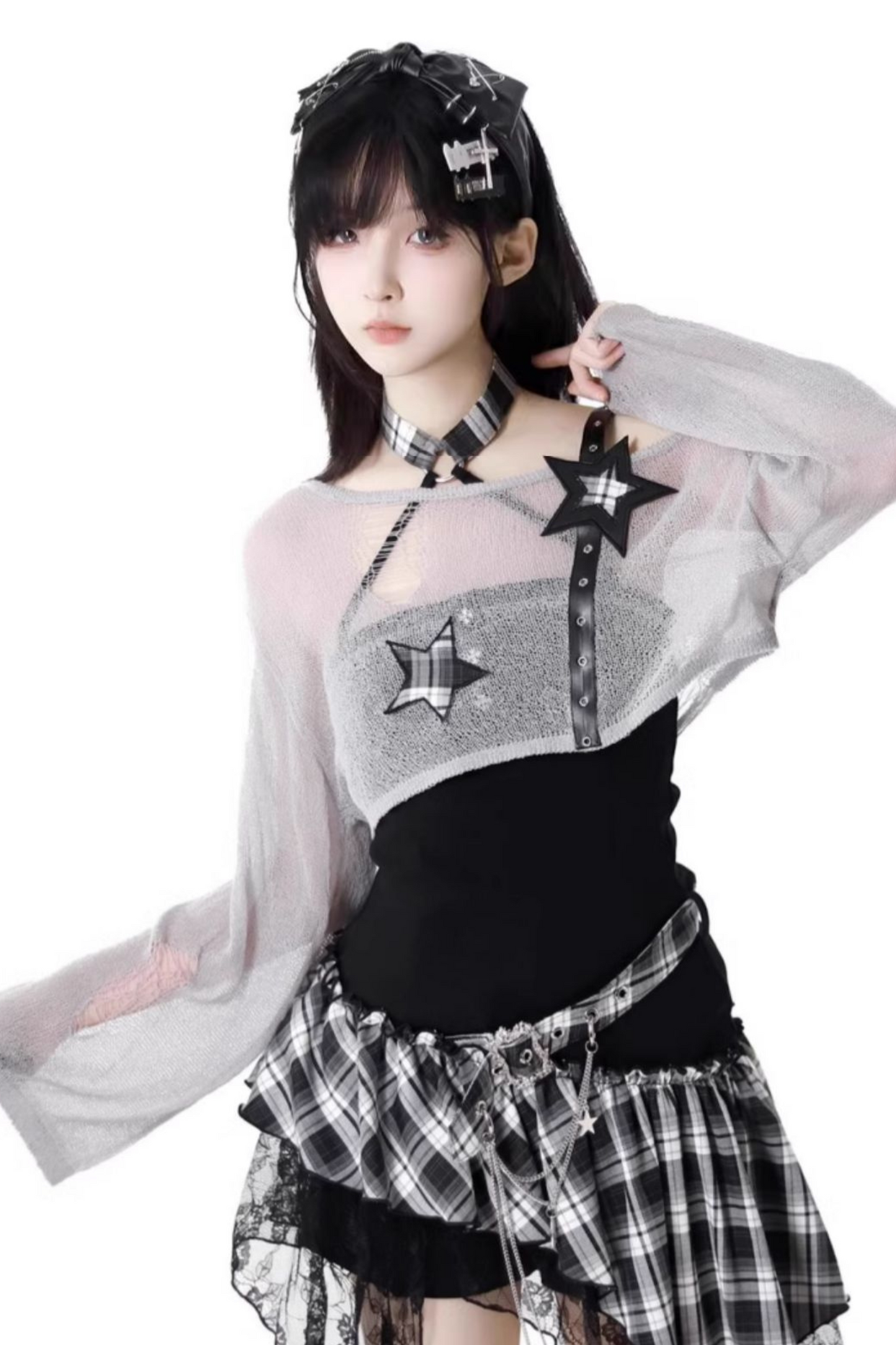 ロックシックチェックドレス＋ワンショルダーショートトップス＋ショートパンツ