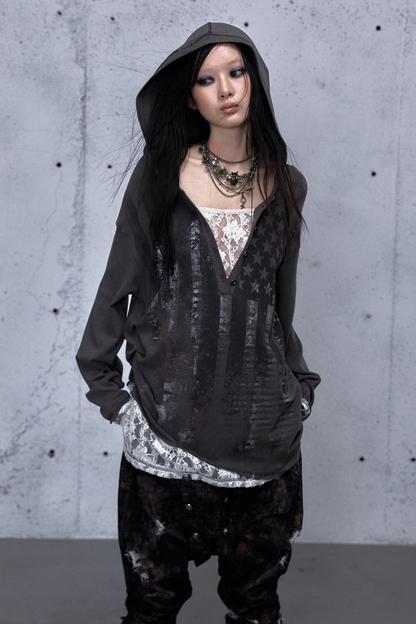 레이스 패치워크 루즈핏 후드 파카