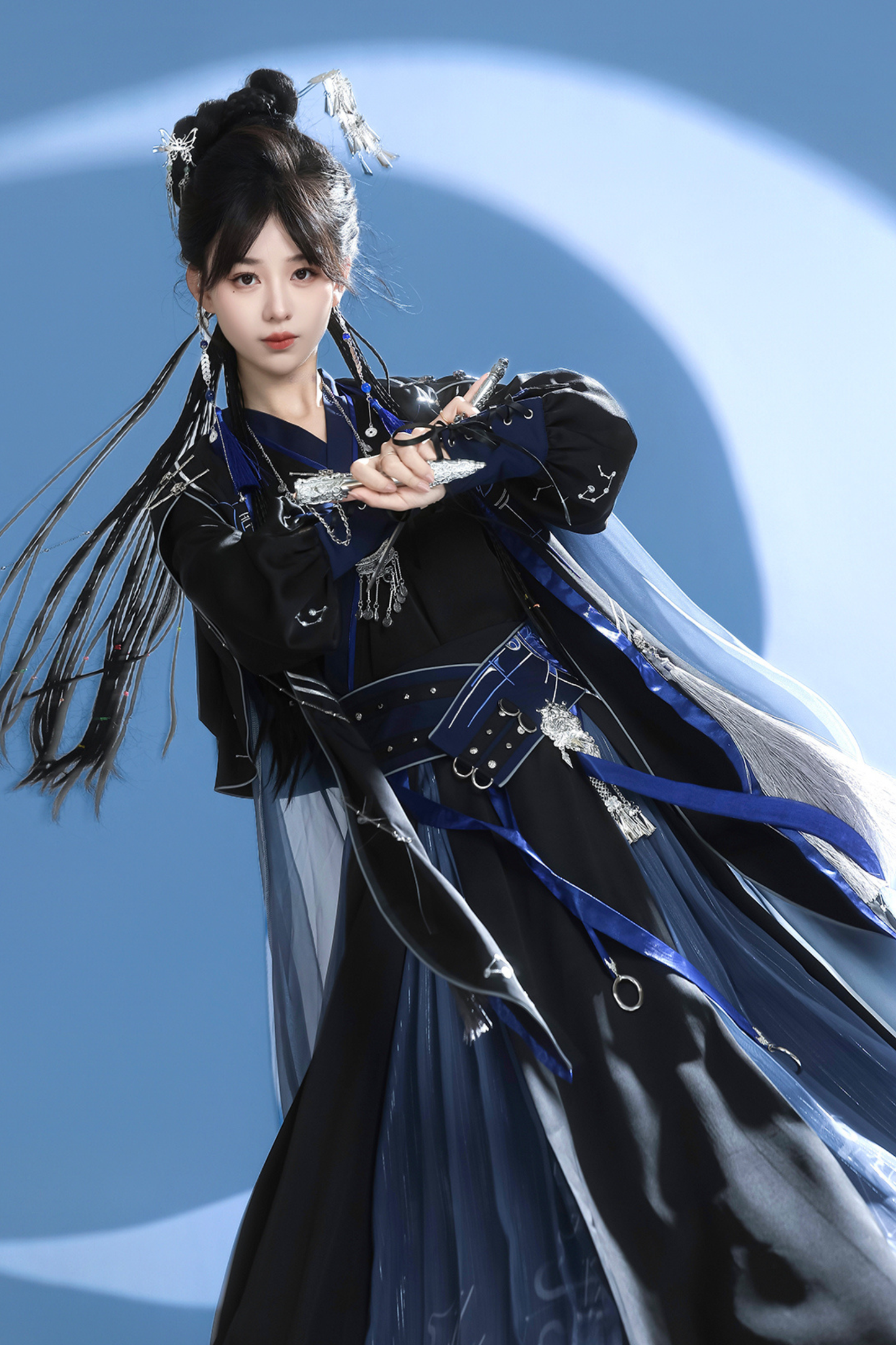 Dark china hooded top + belt + cape + necklace + skirt