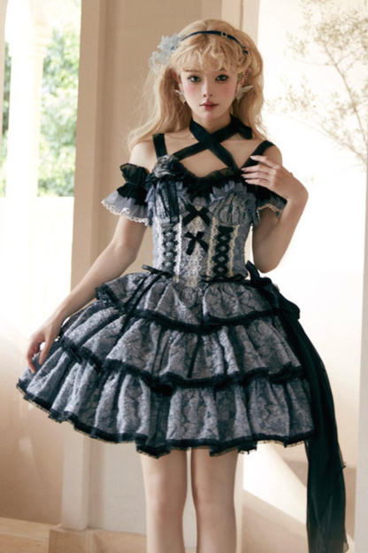 フリルレースアップロリータドレス