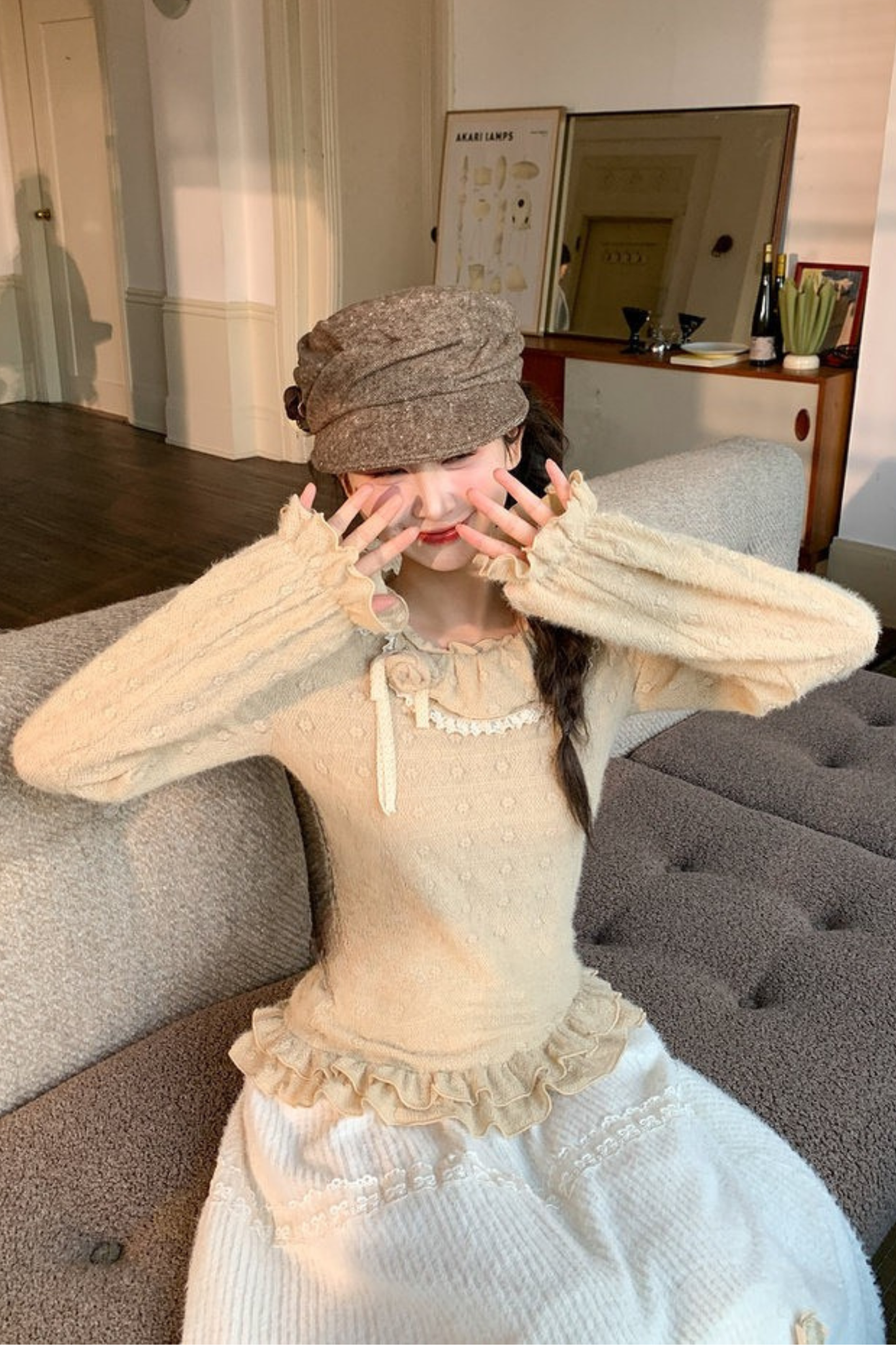 レースカラーロングスリーブトップス