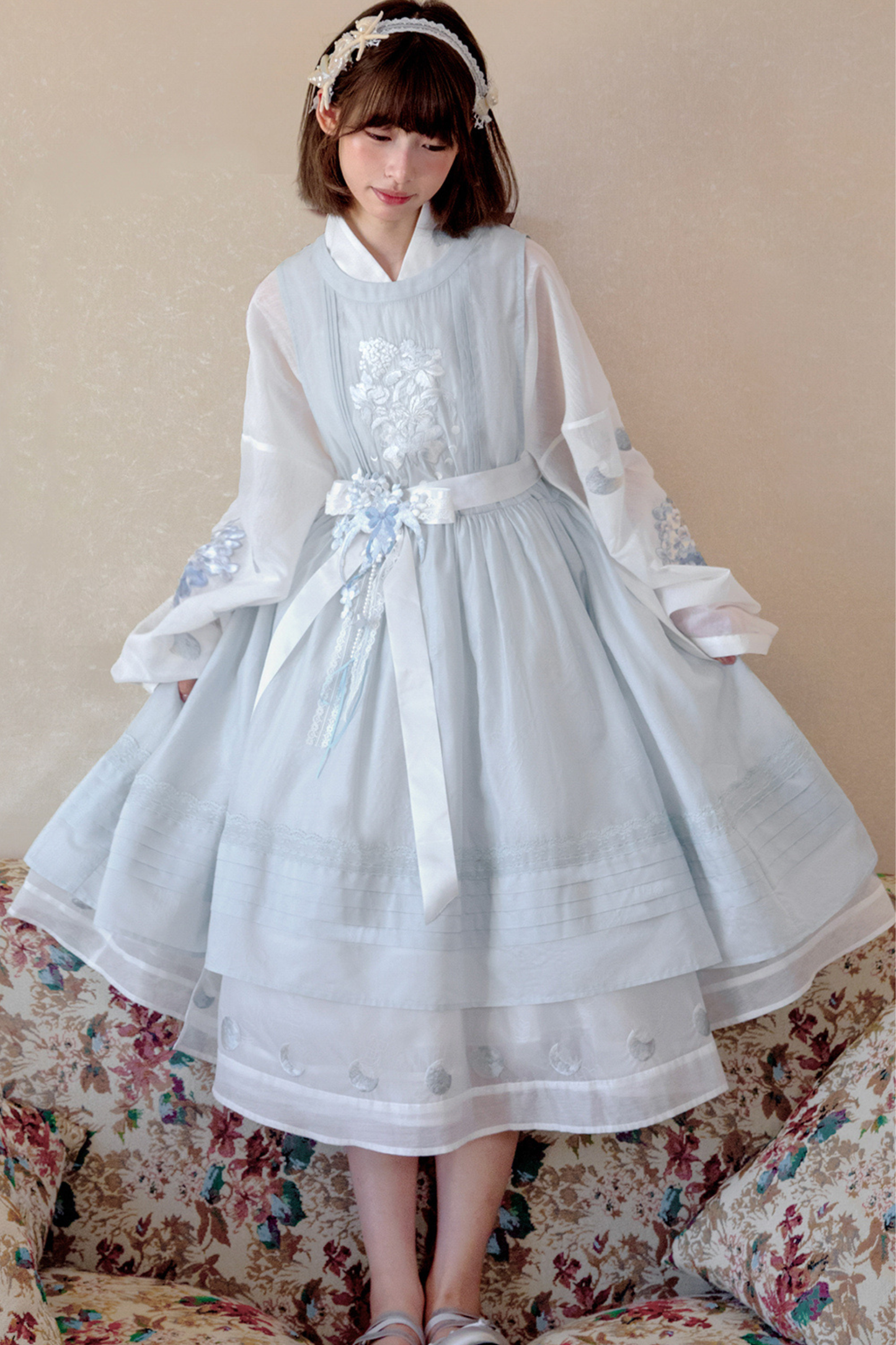 ピュアホワイトチャイナドレス+カバーエプロン+ベルト