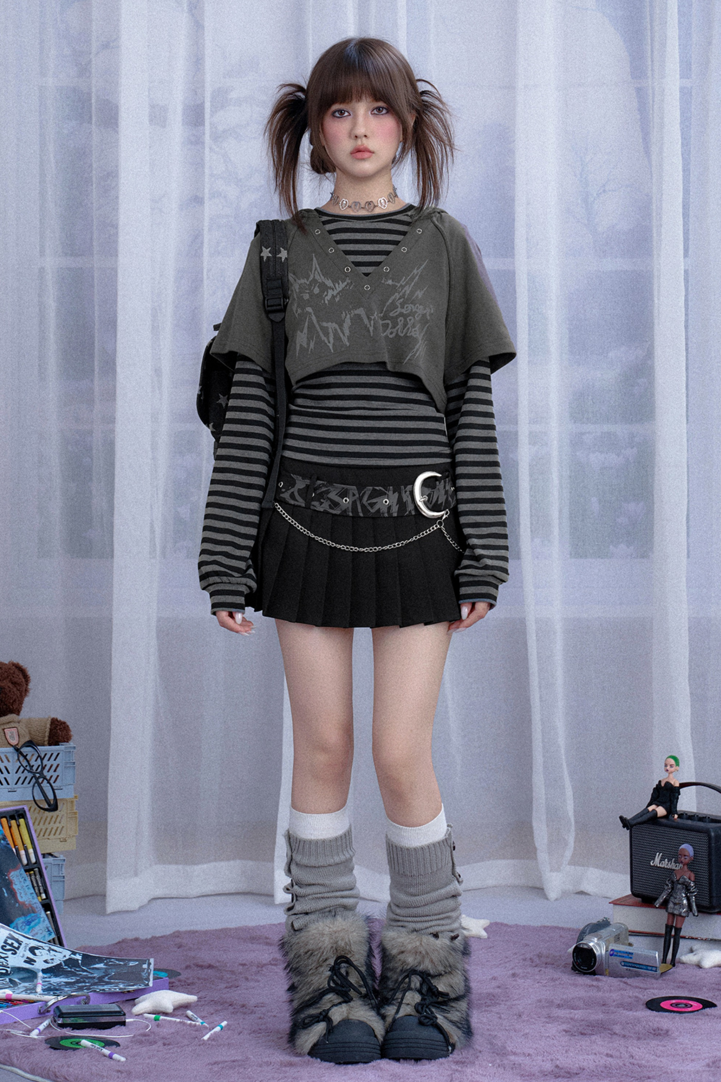 ボーダーツーピーススーツフードトップス