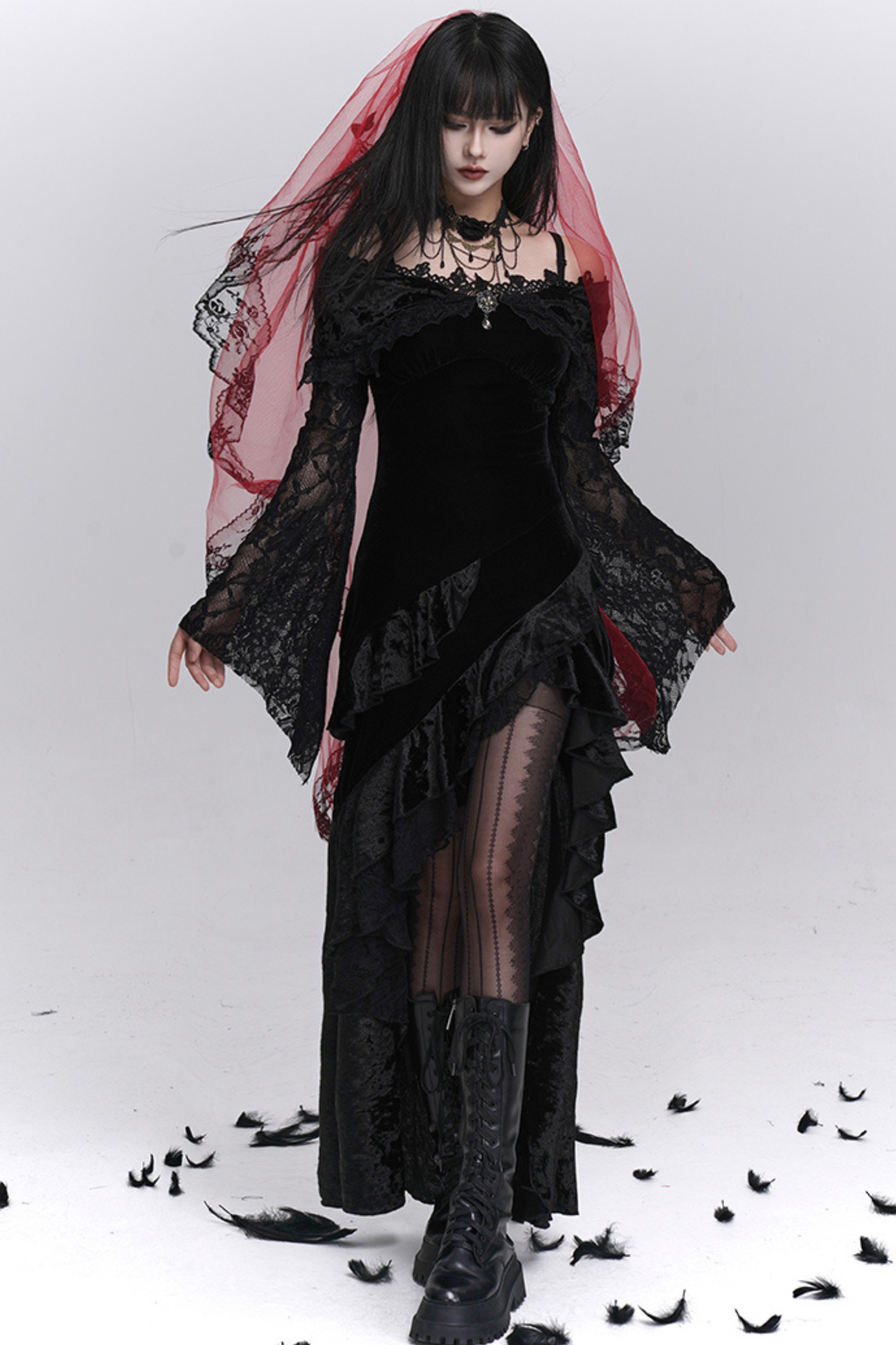 Gothic Lace Flare Long Dress