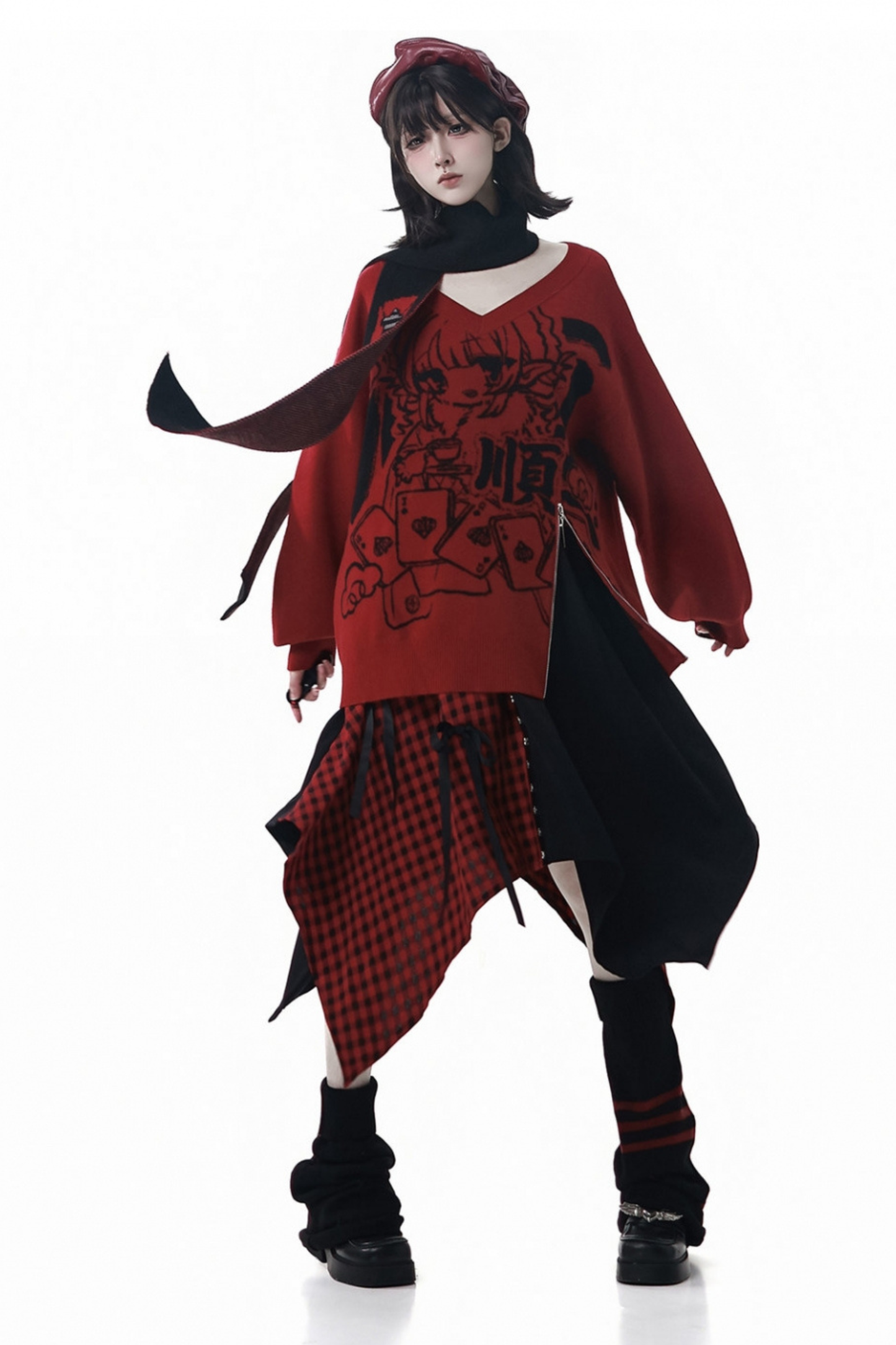 モードVネックニット+キュロット+スカート+レッグカバー+スカーフ