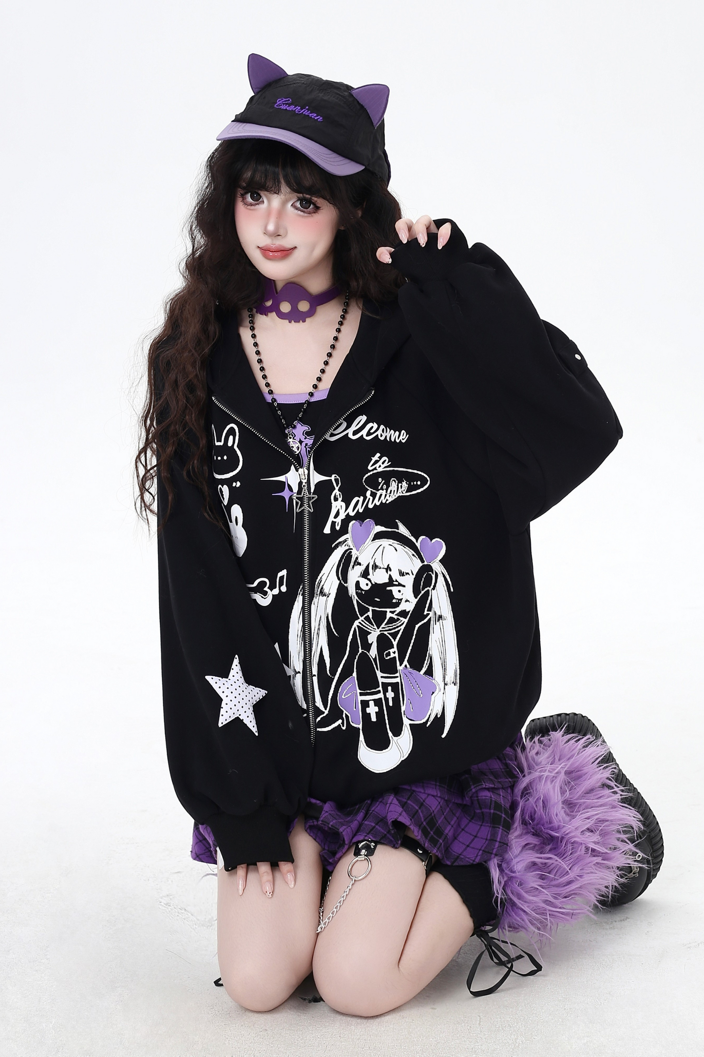 Dark Cute Loose Zip Hooded Hoodie