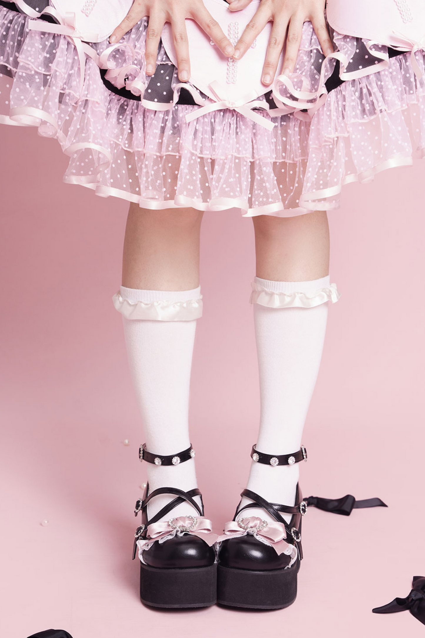 レイシープパフロリータレースラインストーンリボンフラットフォームシューズ