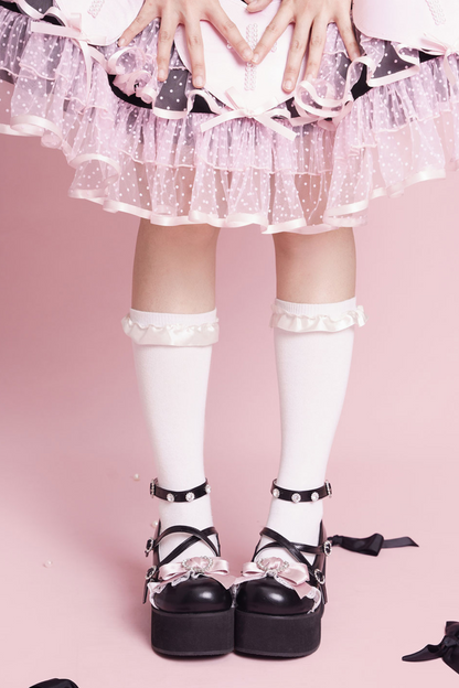 レイシープパフロリータレースラインストーンリボンフラットフォームシューズ