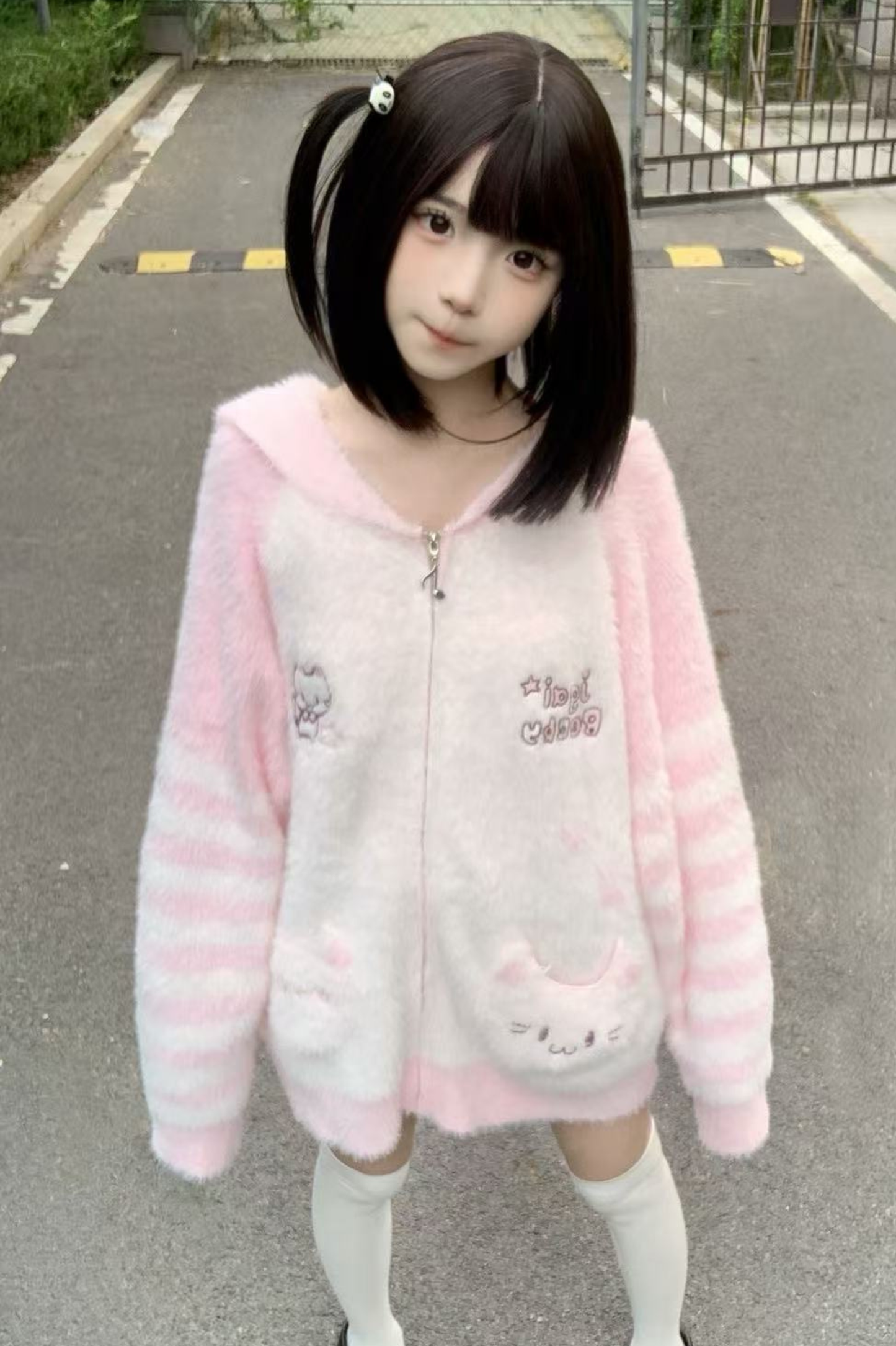 キャットルーズフードジッパーカーディガン