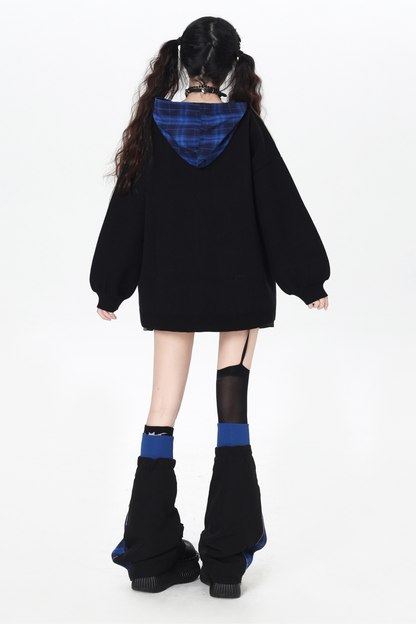 パンクガールチェックフードルーズセーター