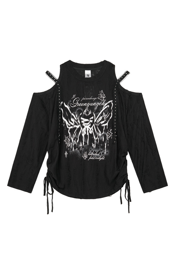 Butterfly Print Strap Off-the-shoulder Top