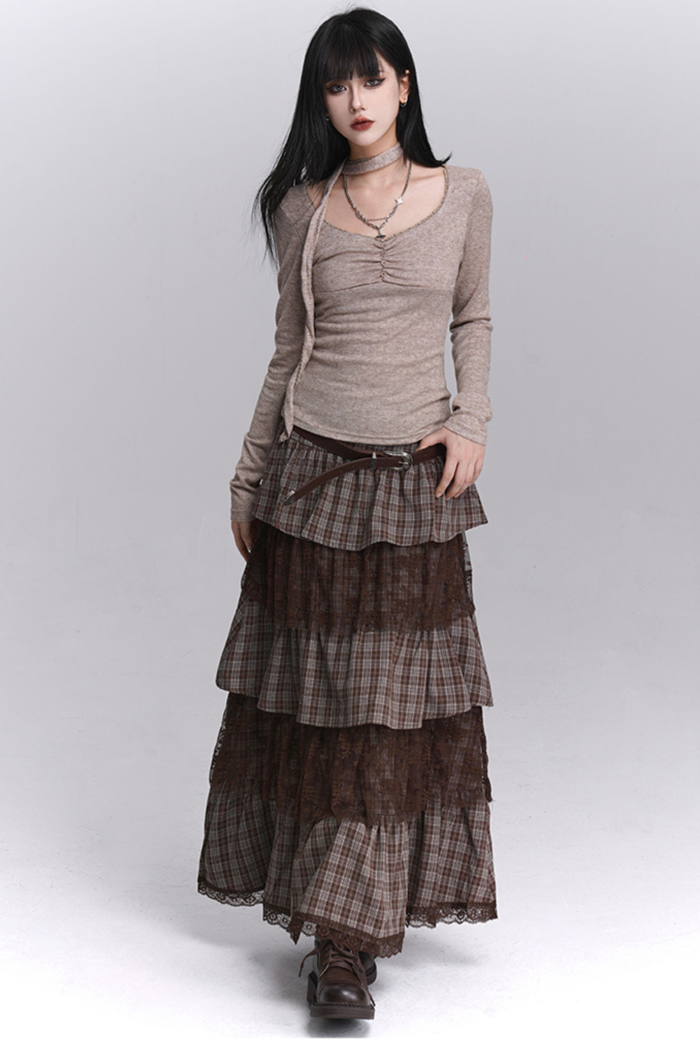 チェックティアードレースロングスカート