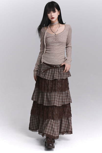 チェックティアードレースロングスカート