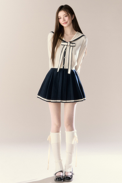 セーラーリボンカーディガン+プリーツスカート