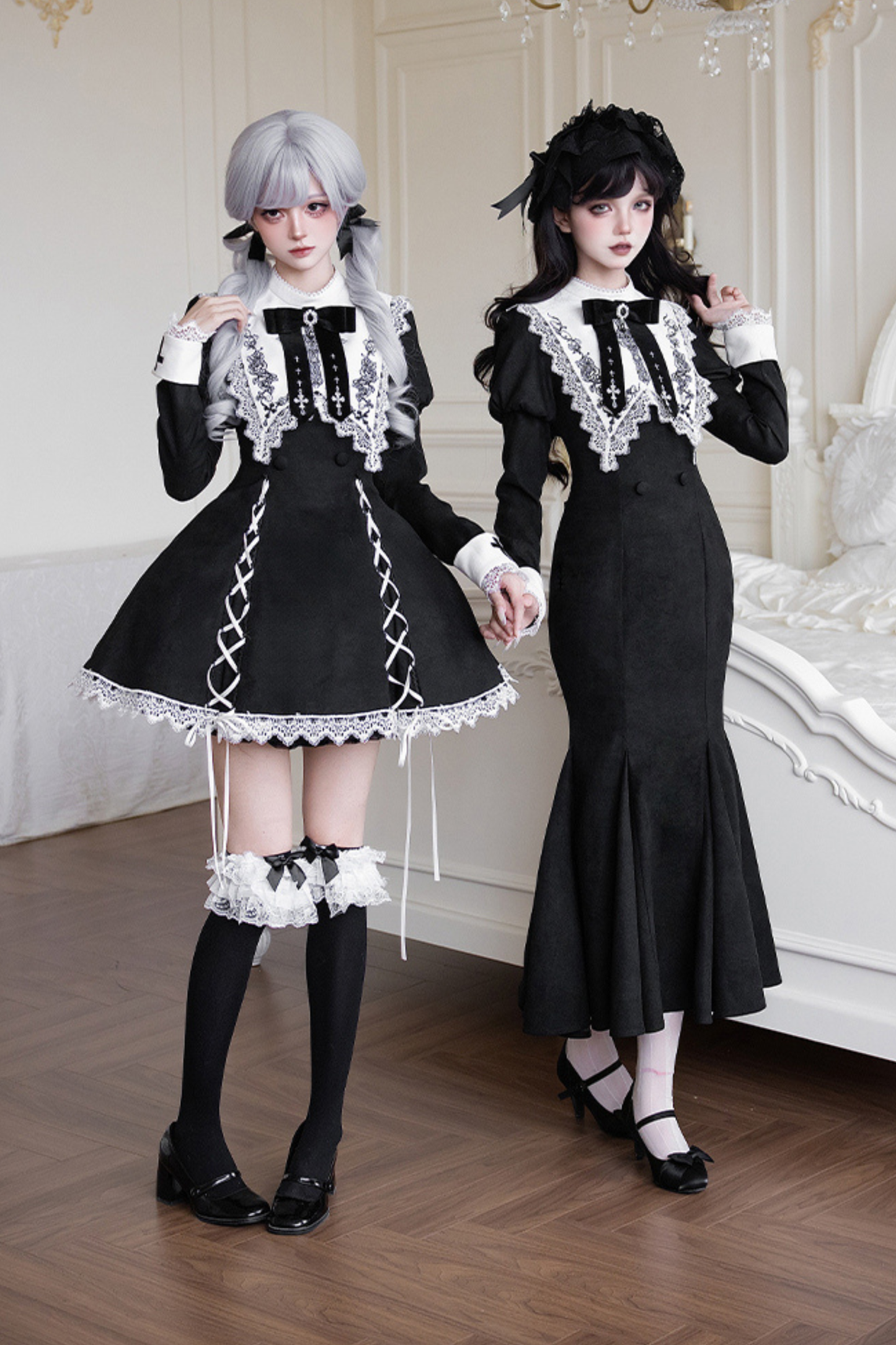 シックマーメイドドレス+レースアップショートドレス+マントコート+カラー+リボンブローチ