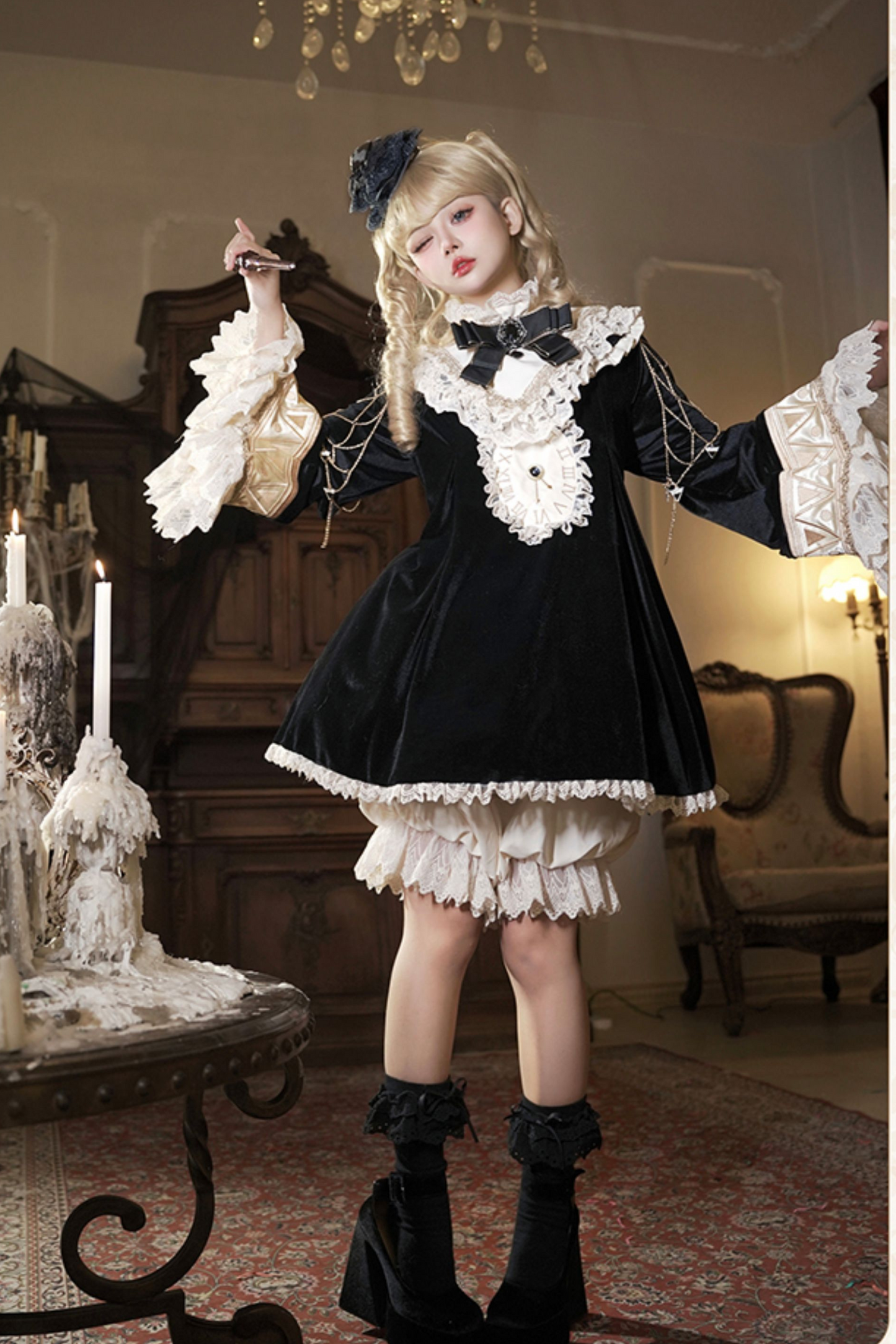 黒猫フリルクロックロリータドレス+パンプキンパンツ