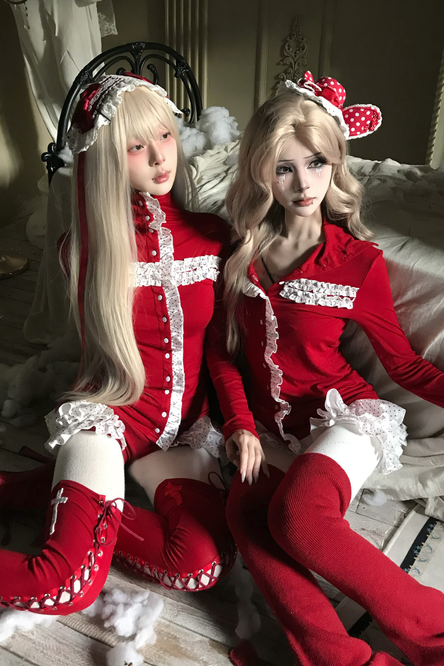 レースクロスタートルネックトップス+レースショートパンツ