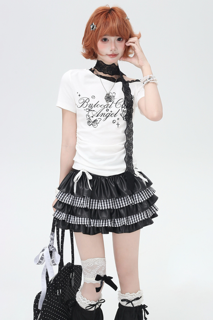 レースデザインワンショルダースリムトップス