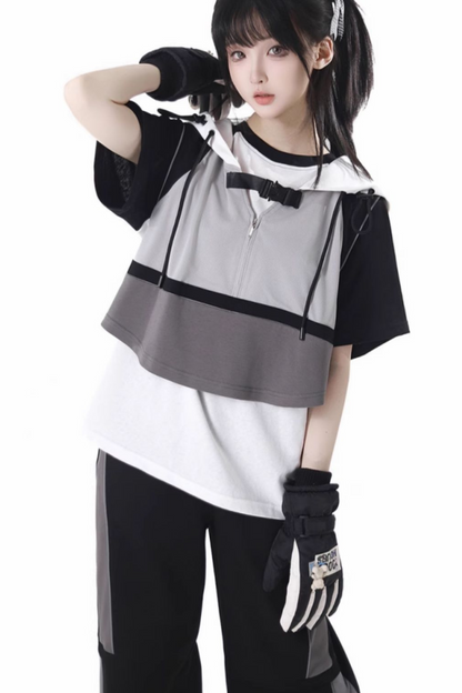 モードカジュアルレイヤードベスト+Tシャツ+ワイドパンツ+ワンピース