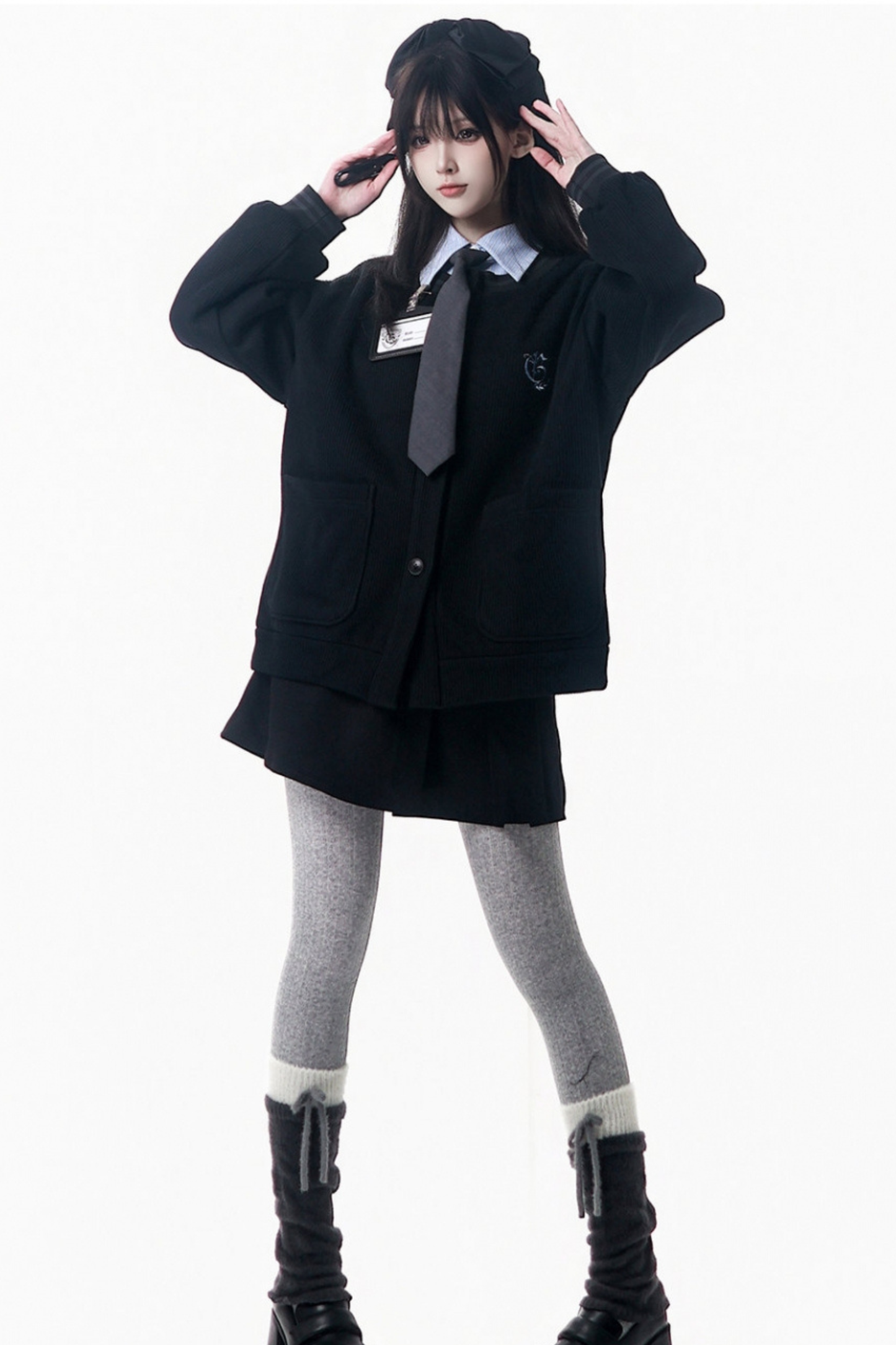 カレッジブルーシャツ+カーディガン+ショートスカート+ロングスカート