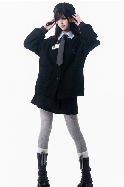 カレッジブルーシャツ+カーディガン+ショートスカート+ロングスカート