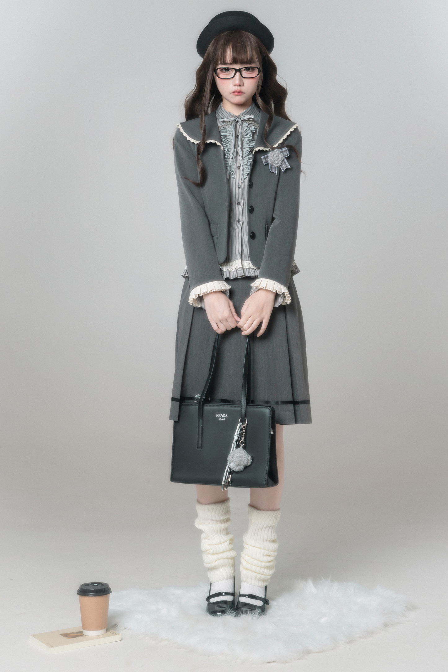 エレガントレトロカレッジジャケット+シャツ+スカート+ブローチ