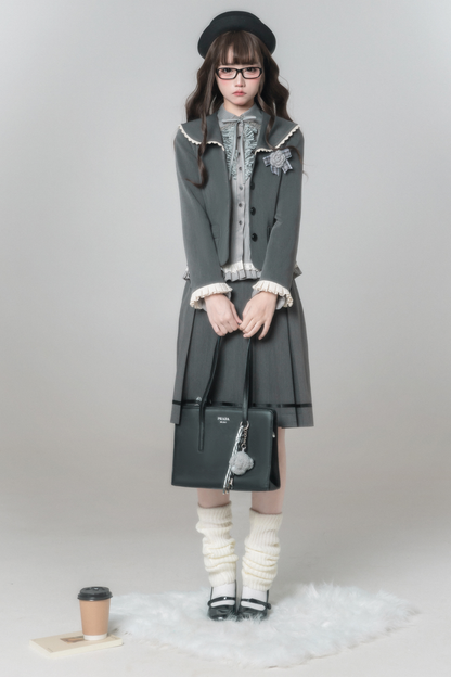 エレガントレトロカレッジジャケット+シャツ+スカート+ブローチ