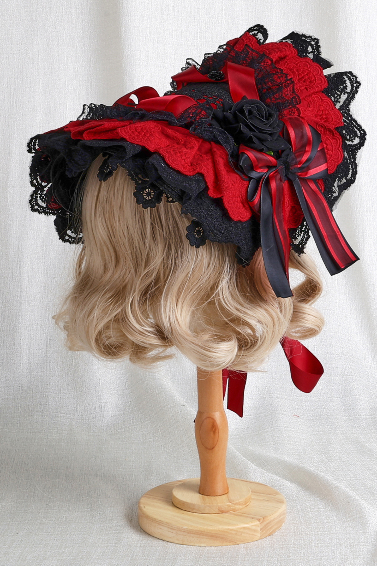 Dark Frilled Lolita Hairband + Flat Hat + Hat Clip + Ribbon Clip + Sleeve
