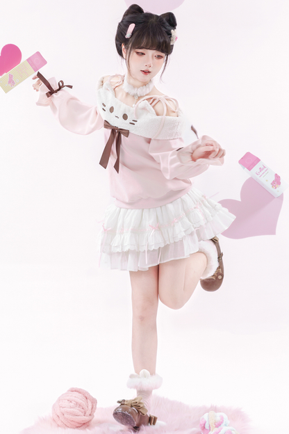 キャットオフショルダートップス+ケーキスカート