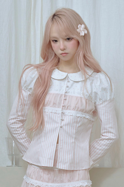 ストライプドールカラーパフスリーブシャツ