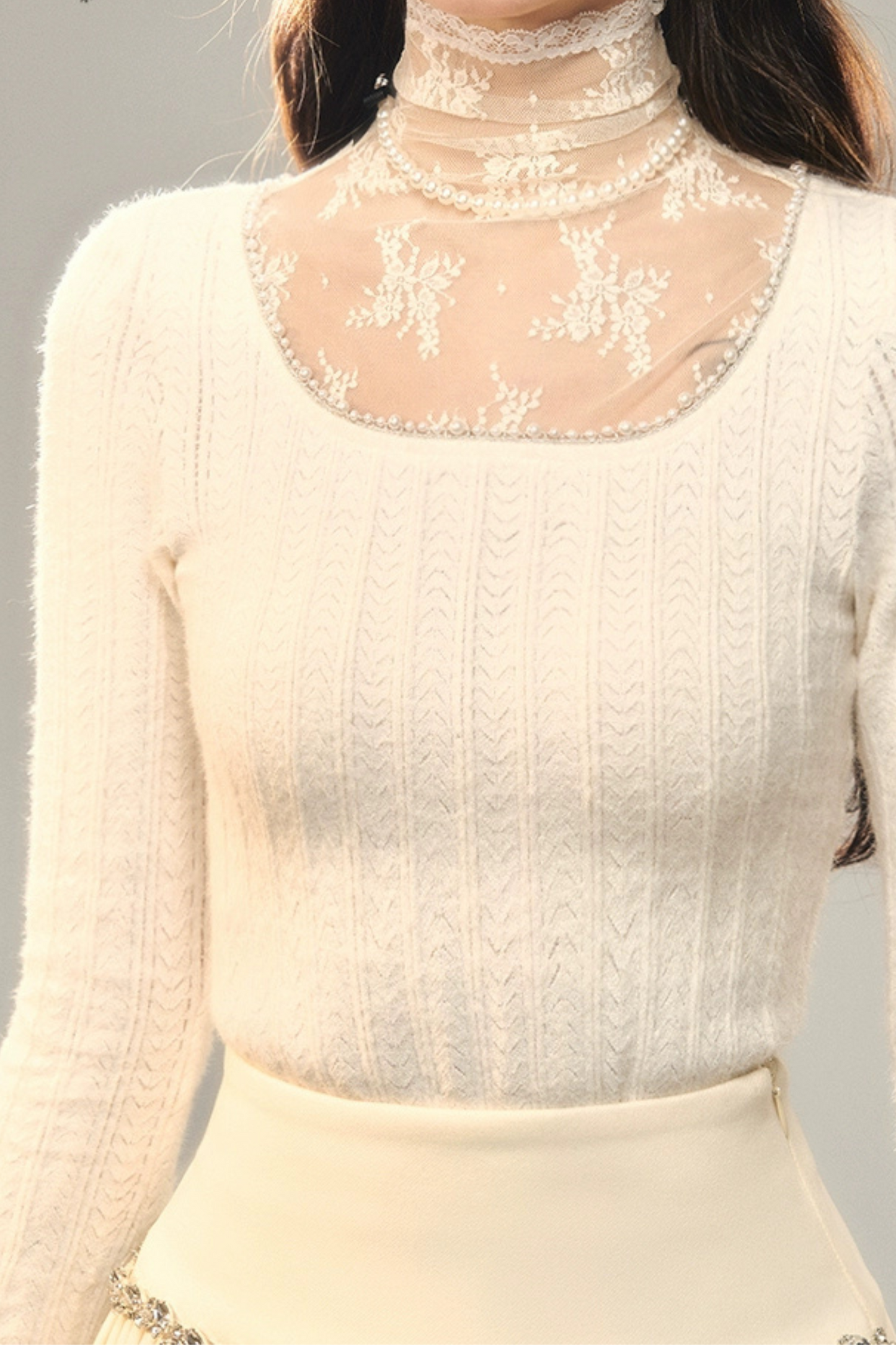 Lace Pile Collar Square Collar Knit Top