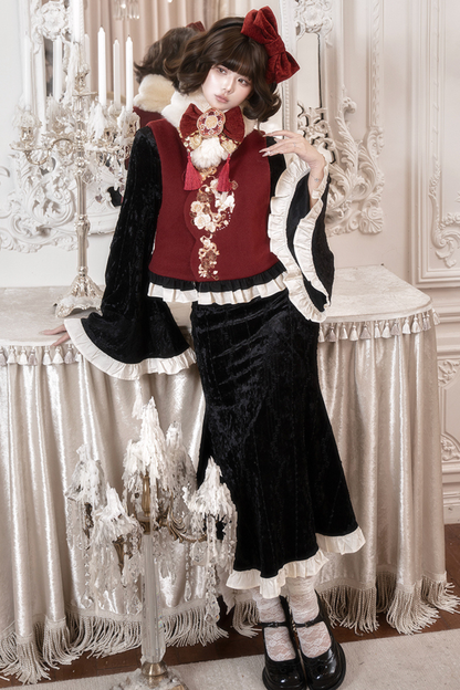 レトロフィッシュテールチャイナドレス+ベスト+ファースカーフ