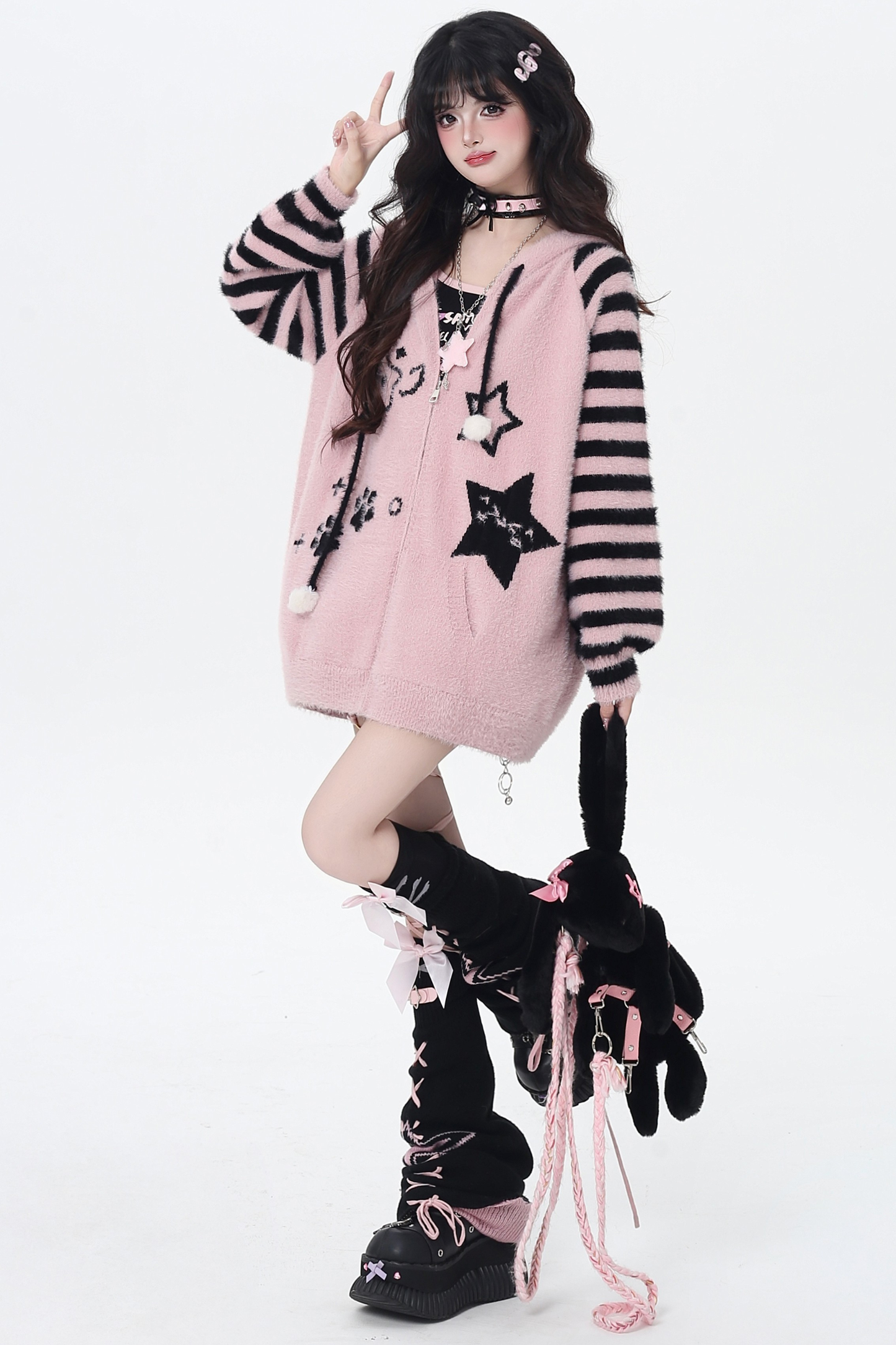 Star Line Striped Hooded Knit Cardigan