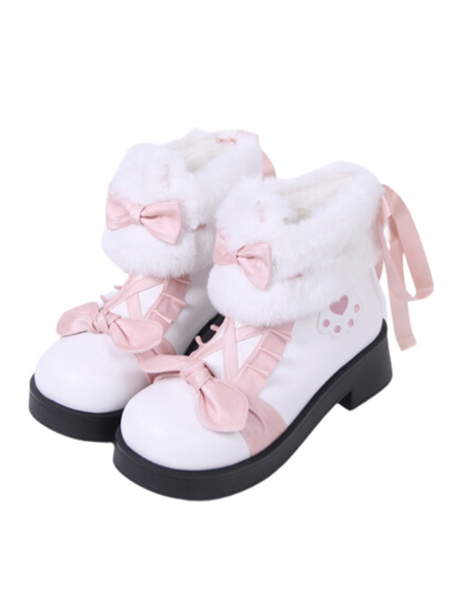 Snow Lolita Mid Heel Color Block Ribbon Sweet Velvet Short Boots