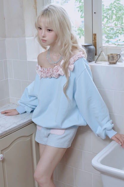 ローズサテンリボンワンショルダースウェット