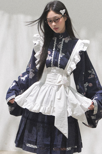 レトロスタンドカラーショートトップス+ミディアムスカート