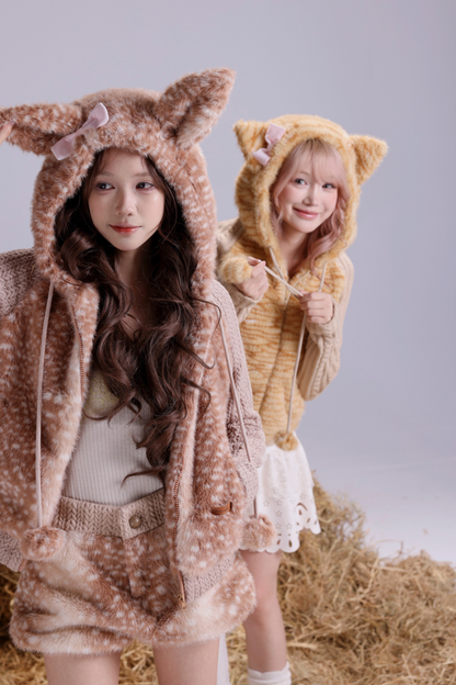 オレンジキャットファーパッチワークニットスリムフードジャケット