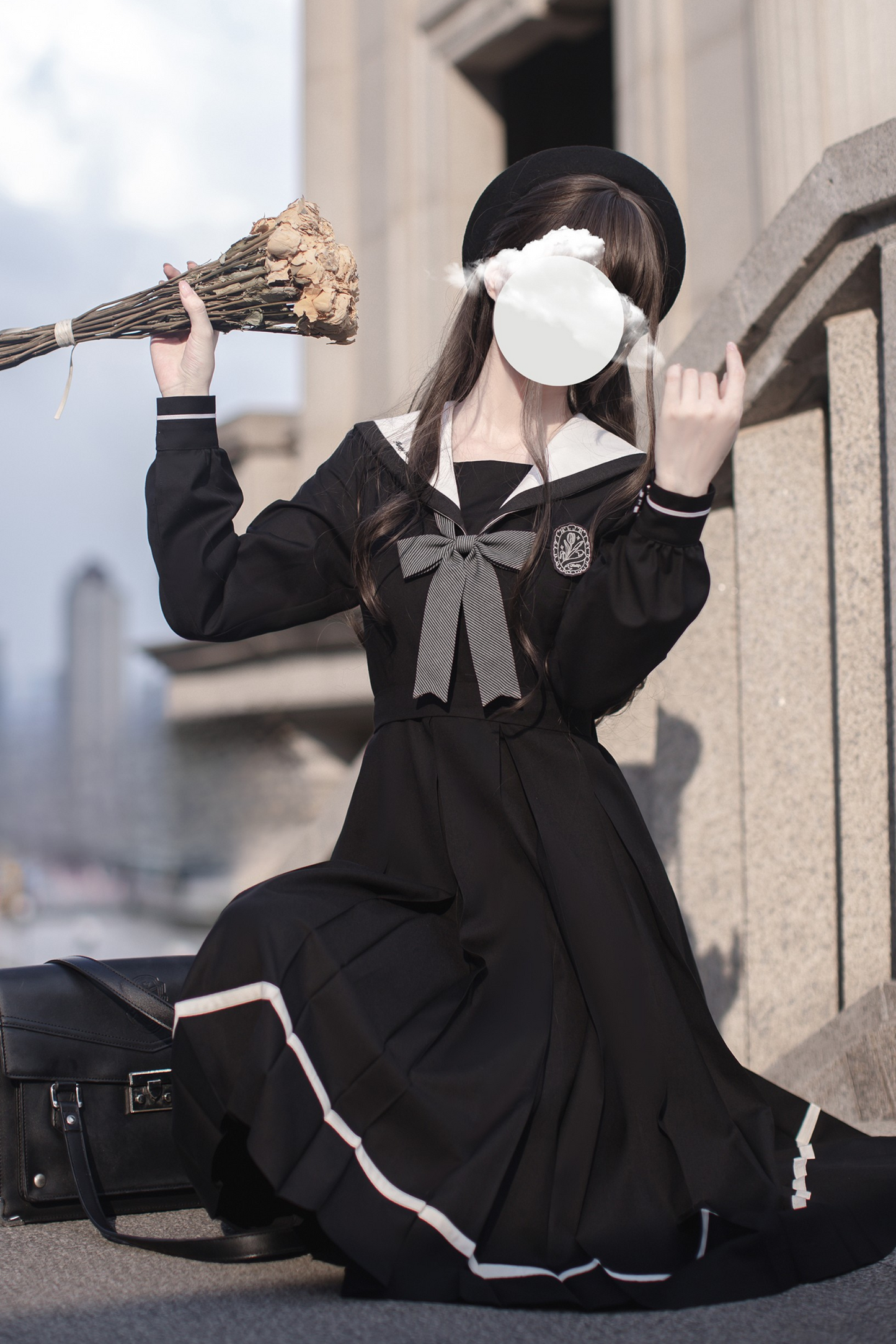 エレガントプレッピースタイルワンピース+リボン+ブローチ