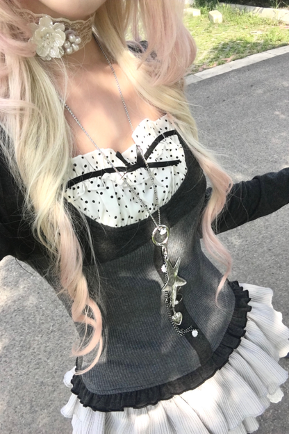 スリムリボンドットスリムトップス+ケーキスカート