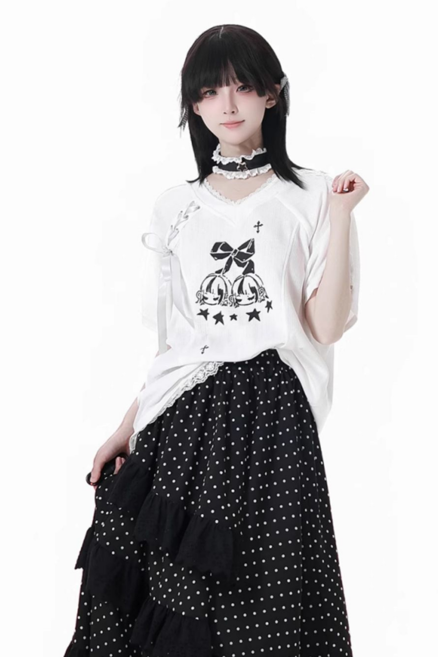 リボンルーズTシャツ+キュロット+アシメスカート