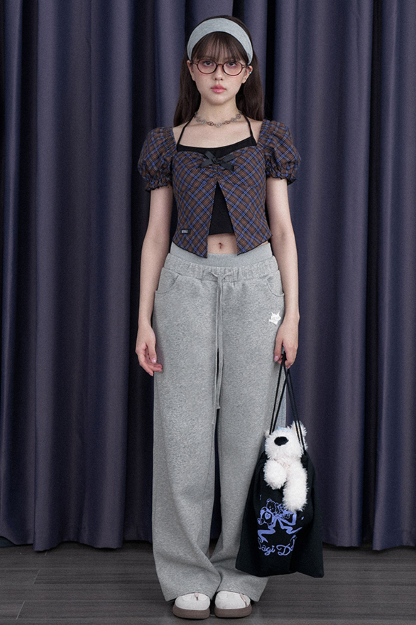 スウィートチェックバブルスリーブトップス