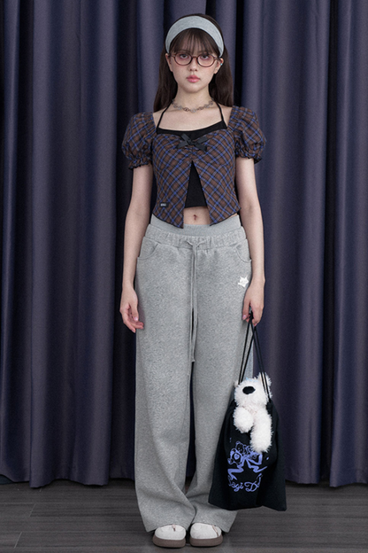 スウィートチェックバブルスリーブトップス