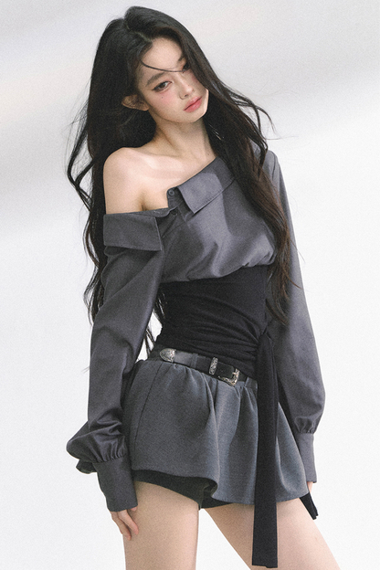 ウエストバンド付きワンショルダーシャツ