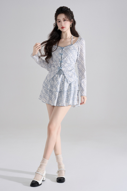 Blue Check French Sleeve Ensemble Top + Flared Skirt