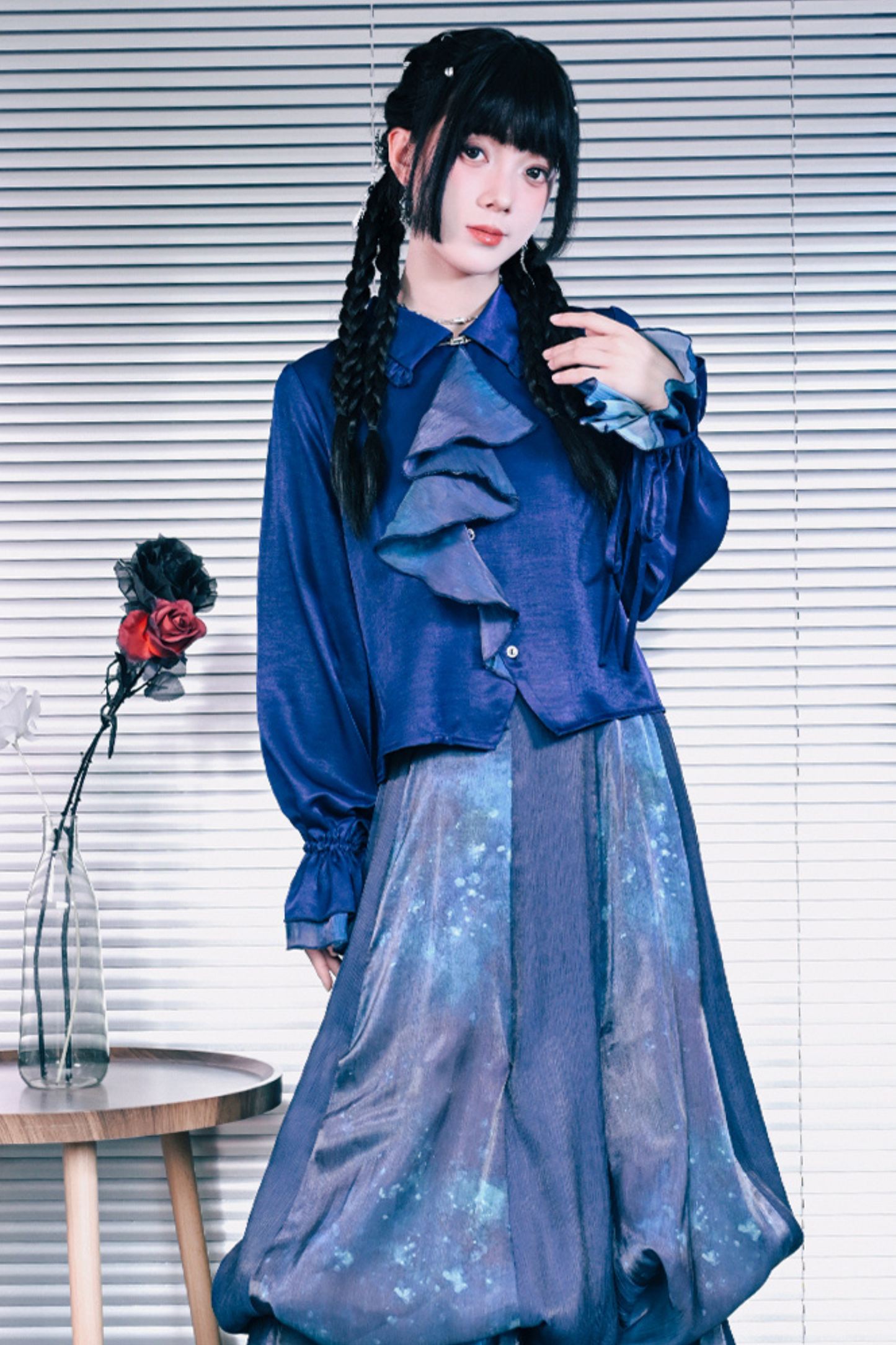 Blue World Floating Light Splice Ruffle Lantern Sleeve Shirt