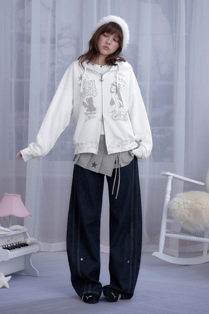 スターエンジェルウィンググラフィティプリントフードパーカー