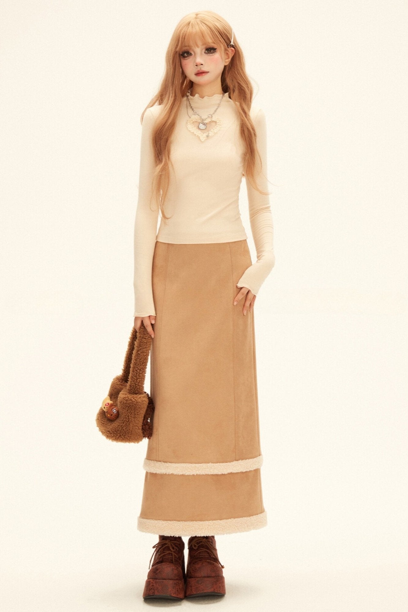 Brown Plash Mailer Slit Skirt